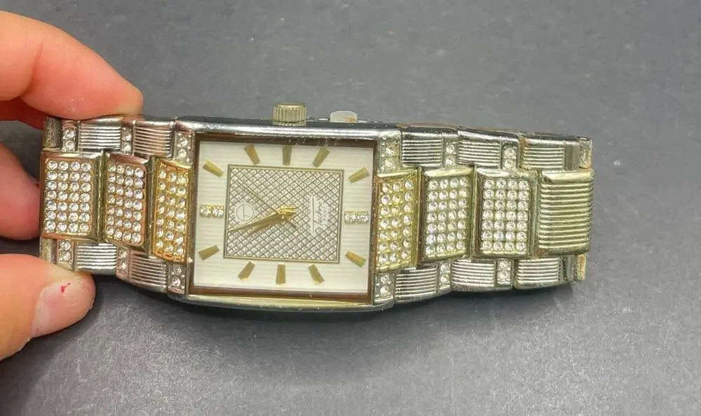 Techno Pave Mens Wristwatch Rectangular Two Tone Gold Silver Crystal Iced Out